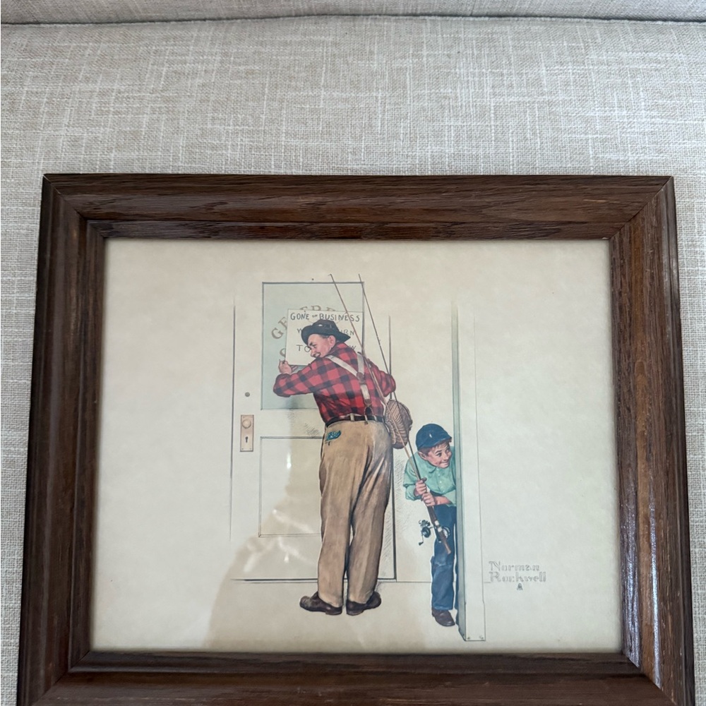 Norman Rockwell Fishing Scene Framed Art